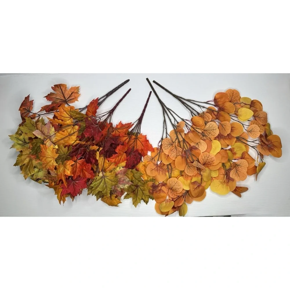 Lot Of 6 Faux Fall Foliage Bushes Maple Round Leaves Orange Red Yellow Autumn